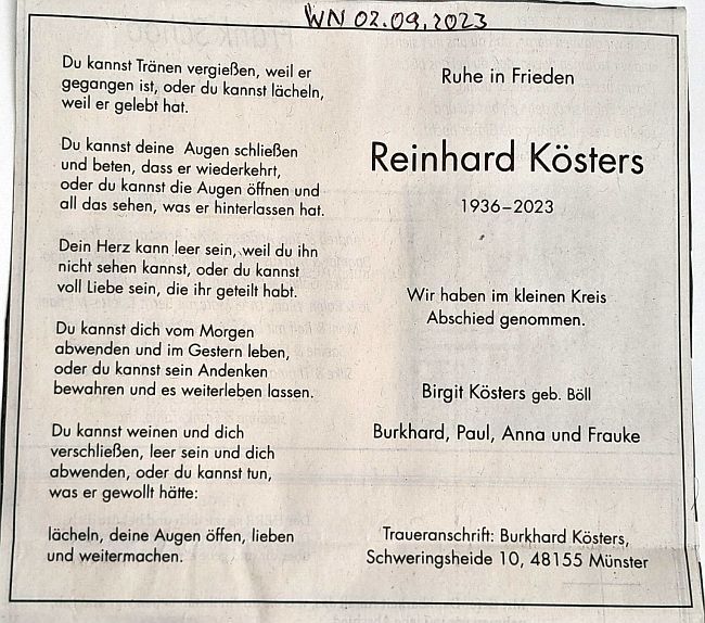 Todesanzeige für Reinhard Kösters